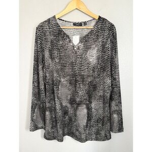 NWT Susan‎ Graver Artisan Blouse 1X Gray Black Embellished Gems Liquid Knit Top